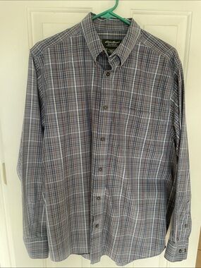 Eddie Bauer Blue Gray Plaid Cotton Button-Down Shirt